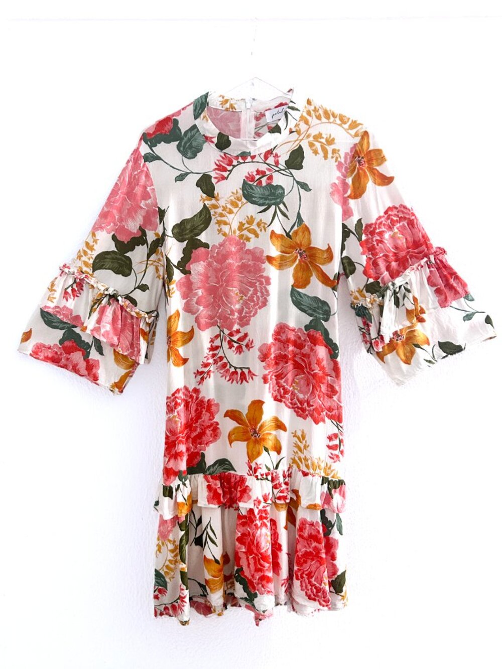 Petal & Pup Peta Floral Print Pink Peony Mini Dress Bell Ruffle Sleeve Size S - Picture 2 of 9